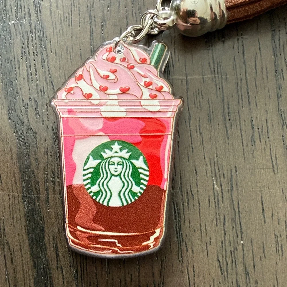 Starbucks inspired Chocolate Red & White Frappuccino Keychain with Brown Tassle